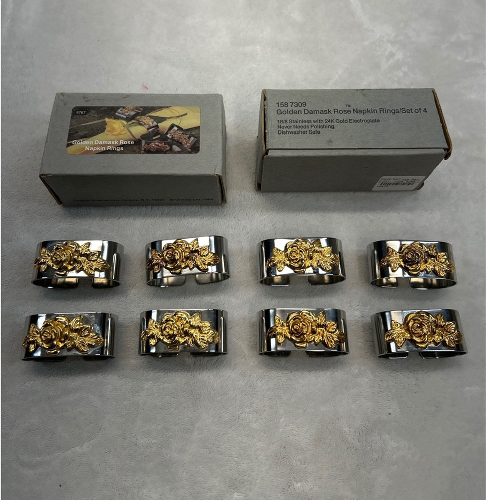 Oneida Golden Damask Rose Napkin Rings 8pcs Silver Gold 18/8 Stainless Steel NOS